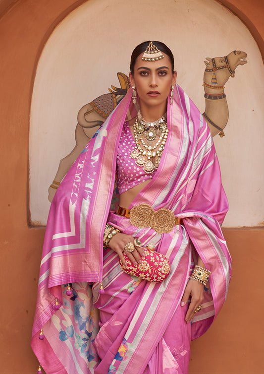Pink Silk Blend Weaving Printed Saree With Blouse