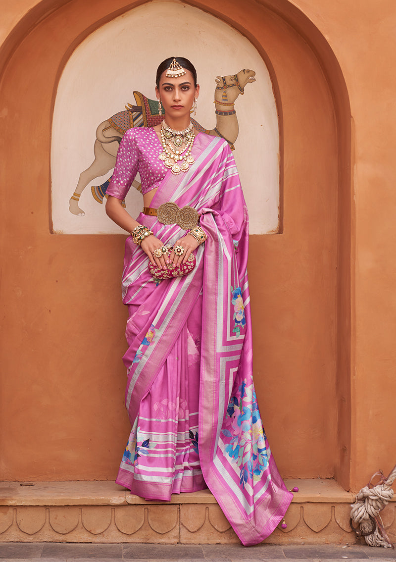 Pink Silk Blend Weaving Printed Saree With Blouse