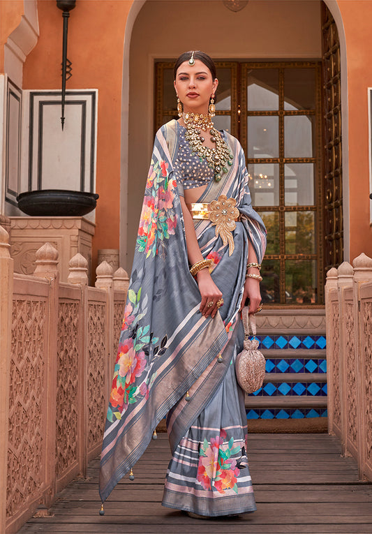 Gray Silk Blend Weaving Printed Saree With Blouse