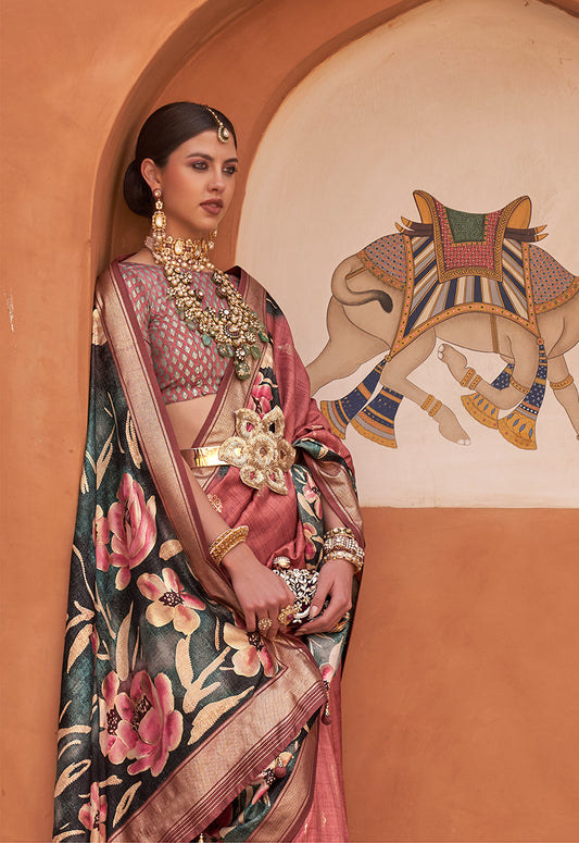 Light Red Silk Blend Weaving Printed Saree With Blouse