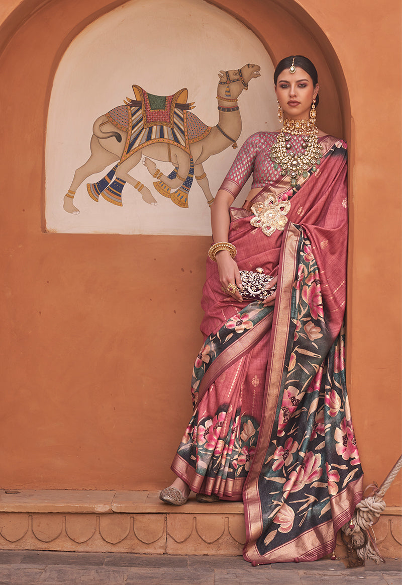 Light Red Silk Blend Weaving Printed Saree With Blouse