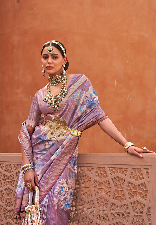 Lavender Silk Blend Weaving Printed Saree With Blouse