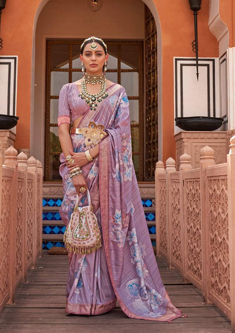 Lavender Silk Blend Weaving Printed Saree With Blouse