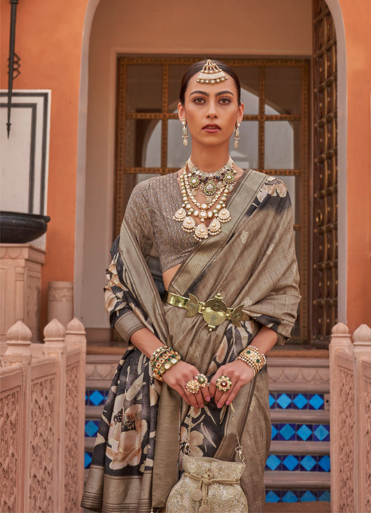 Brown Silk Blend Weaving Printed Saree With Blouse