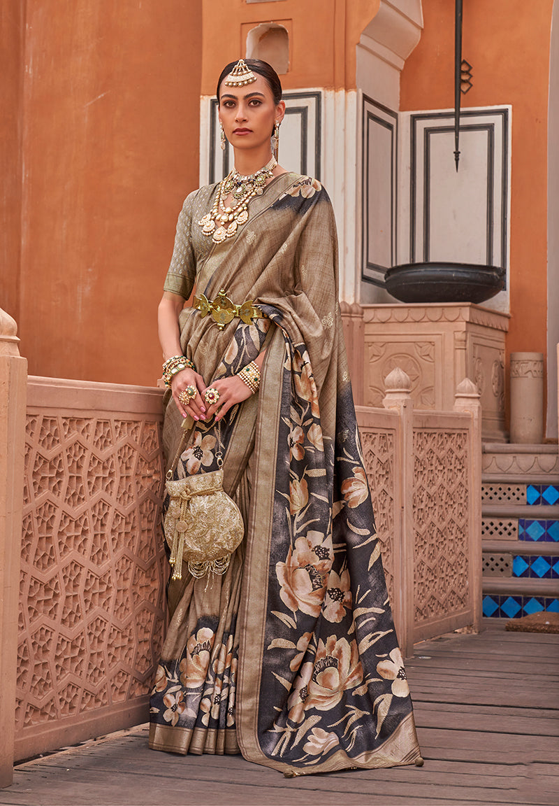 Brown Silk Blend Weaving Printed Saree With Blouse