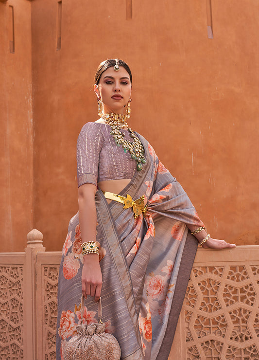 Light Gray Silk Blend Weaving Printed Saree With Blouse