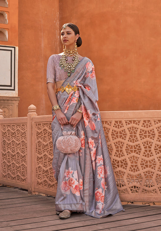 Light Gray Silk Blend Weaving Printed Saree With Blouse