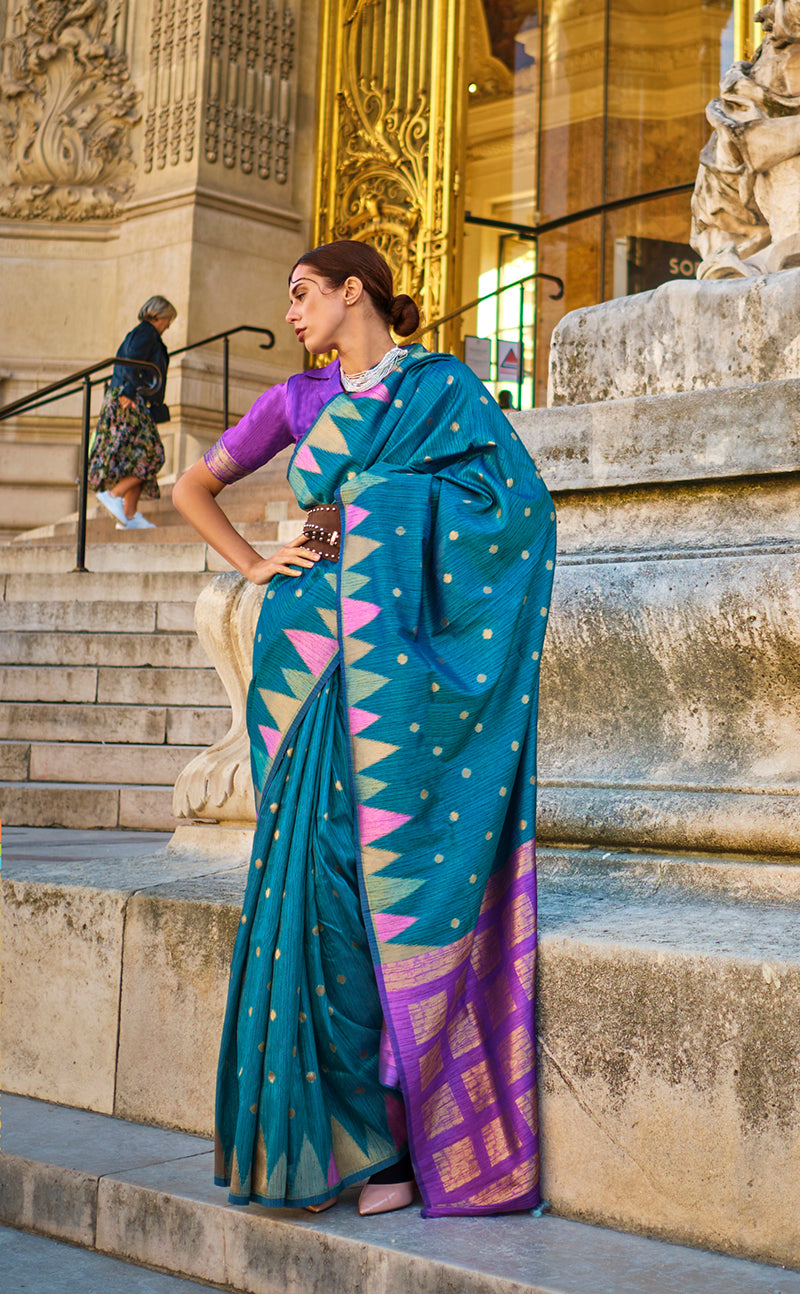 Ocean Blue Silk Zari Weaving Traditional Saree