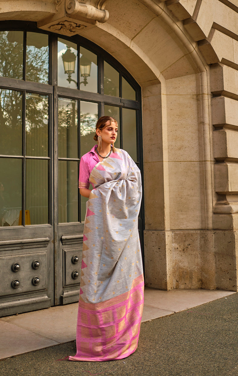 Gray Silk Zari Weaving Traditional Saree