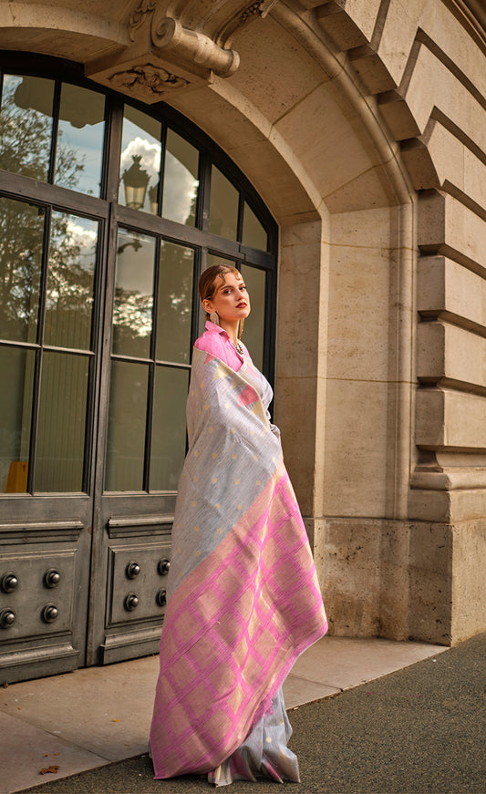 Gray Silk Zari Weaving Traditional Saree