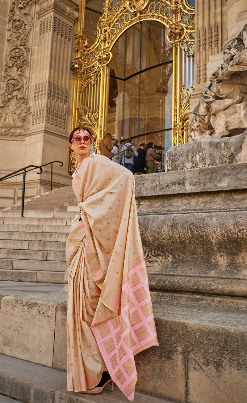 Beige Silk Zari Weaving Traditional Saree