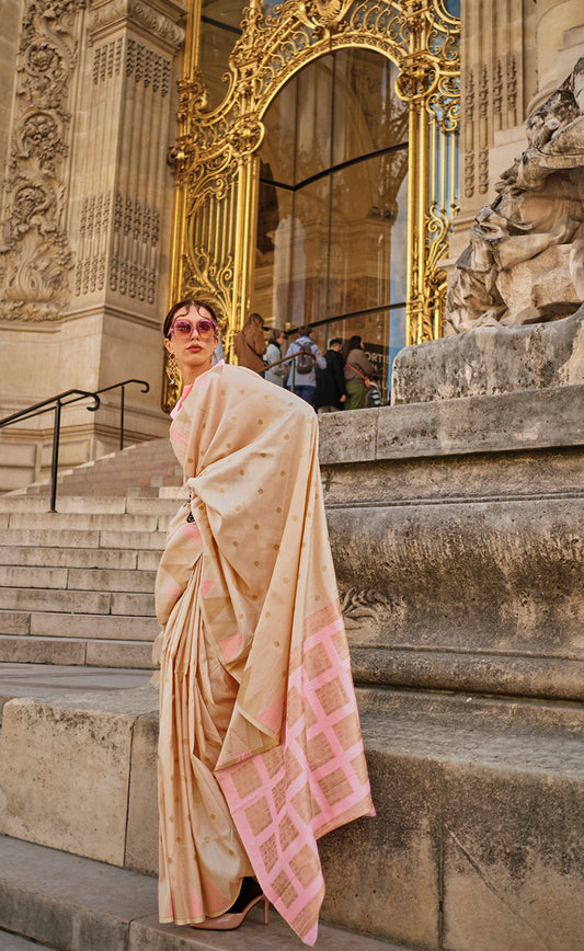 Beige Silk Zari Weaving Traditional Saree