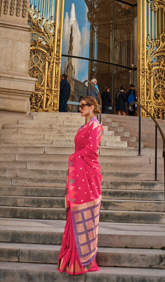 Rani Pink Silk Zari Weaving Traditional Saree