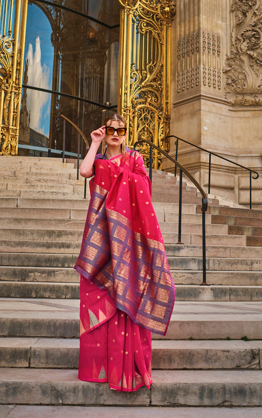 Rani Pink Silk Zari Weaving Traditional Saree