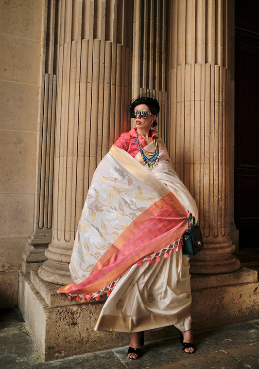 Off-white Woven Silk Zari Saree for Festive