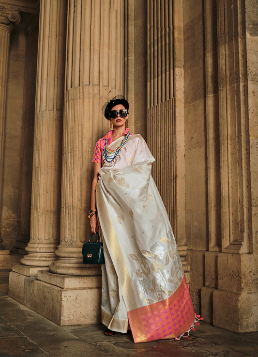 Off-white Woven Silk Zari Saree for Festive