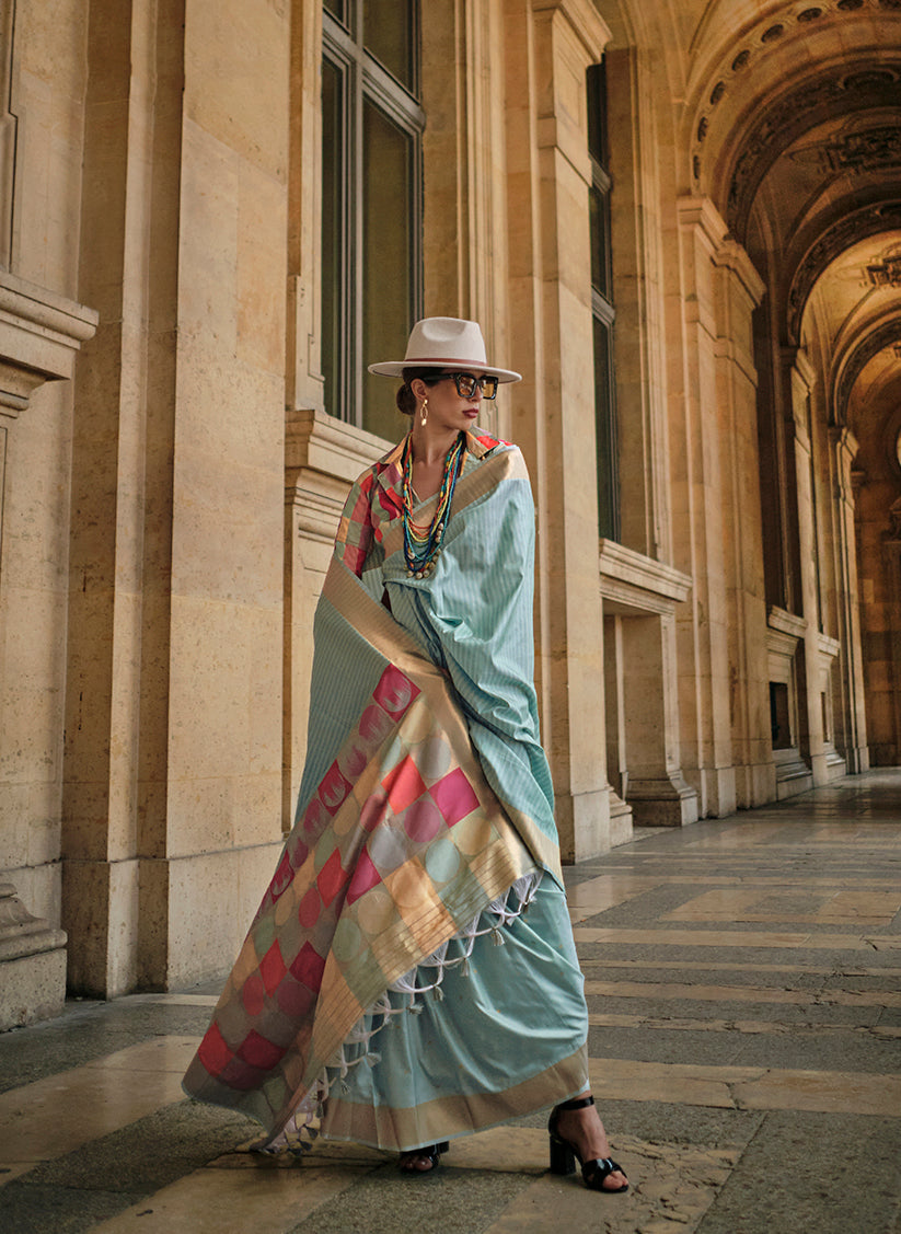 Light Sky Blue Woven Silk Zari Saree for Festive