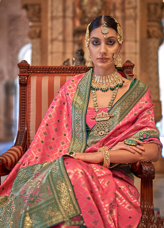 Pink Jacquard Silk Weaving & Stone Work Saree