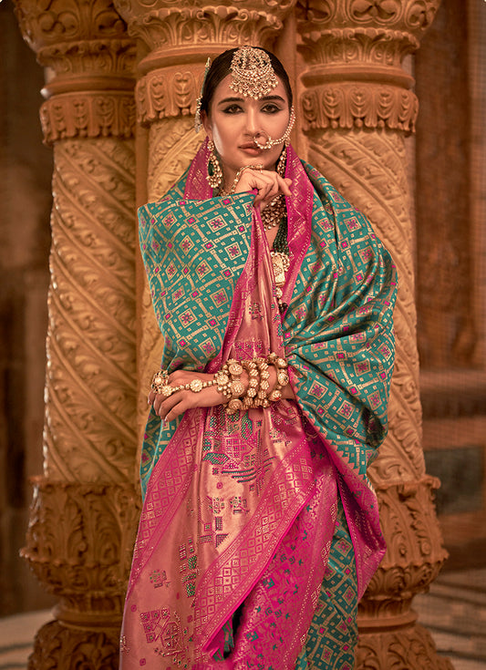 Teal Jacquard Silk Weaving & Stone Work Saree