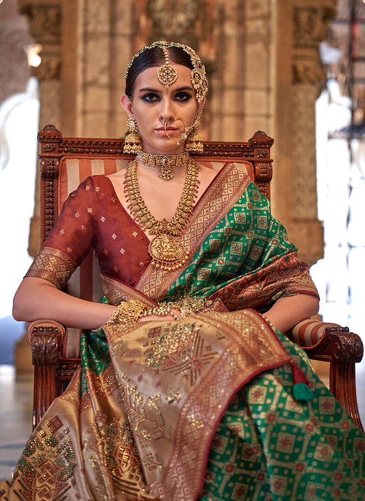 Green Jacquard Silk Weaving & Stone Work Saree