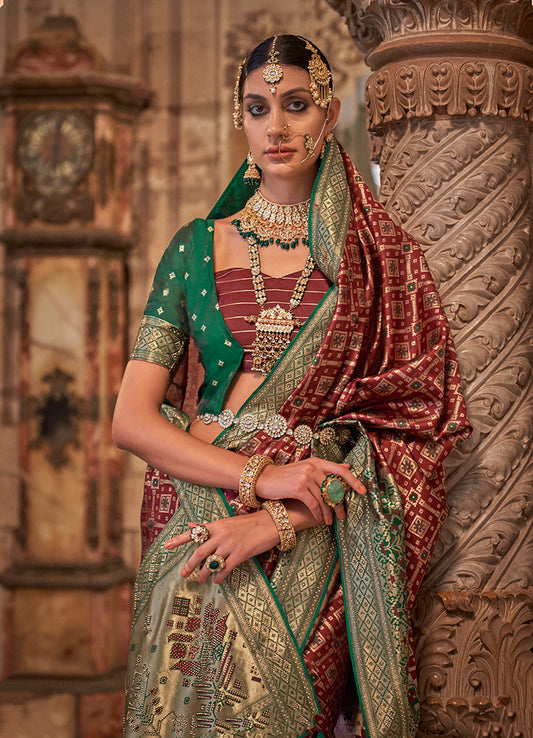 Maroon Jacquard Silk Weaving & Stone Work Saree