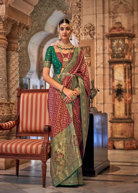 Maroon Jacquard Silk Weaving & Stone Work Saree