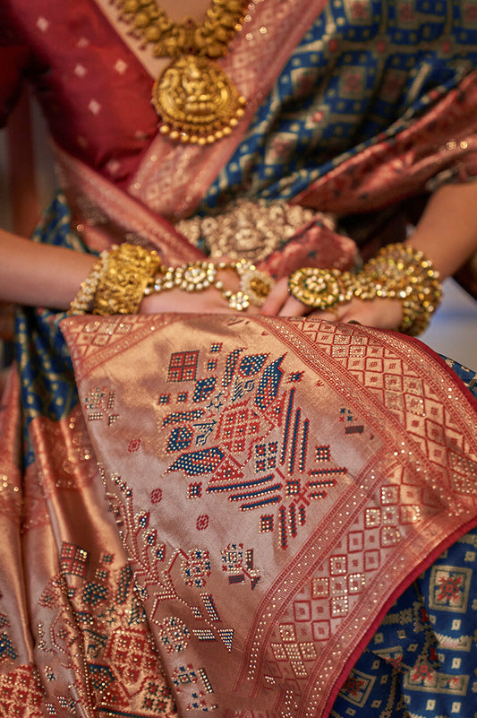 Navy Blue Jacquard Silk Weaving & Stone Work Saree