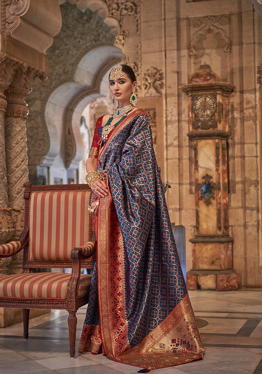 Navy Blue Jacquard Silk Weaving & Stone Work Saree