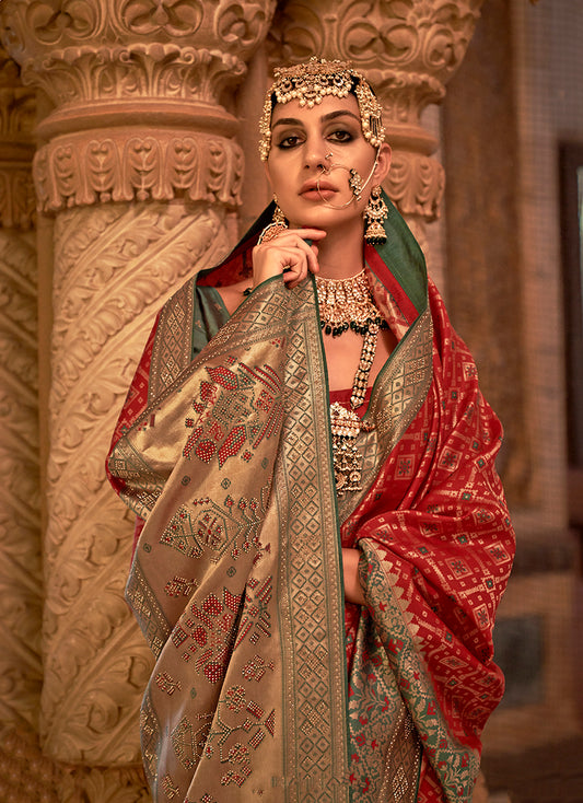 Red Jacquard Silk Weaving & Stone Work Saree