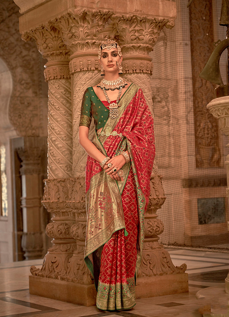 Red Jacquard Silk Weaving & Stone Work Saree