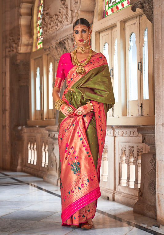 Olive Green Paithani Silk Weaving Work Saree