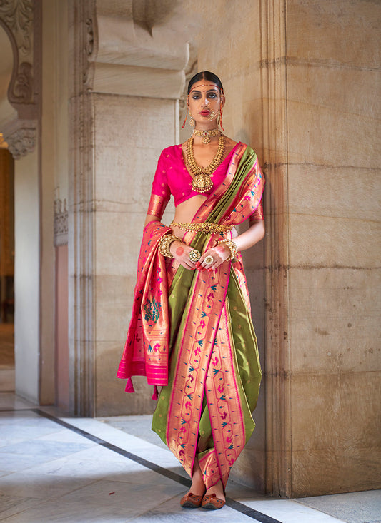 Olive Green Paithani Silk Weaving Work Saree