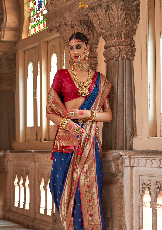 Navy Blue Paithani Silk Weaving Work Saree