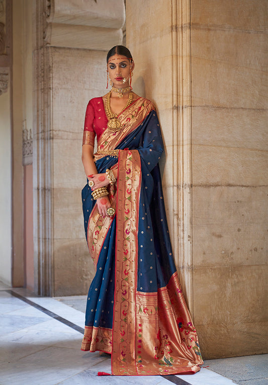Navy Blue Paithani Silk Weaving Work Saree