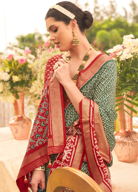 Green Silk patola Print Work saree