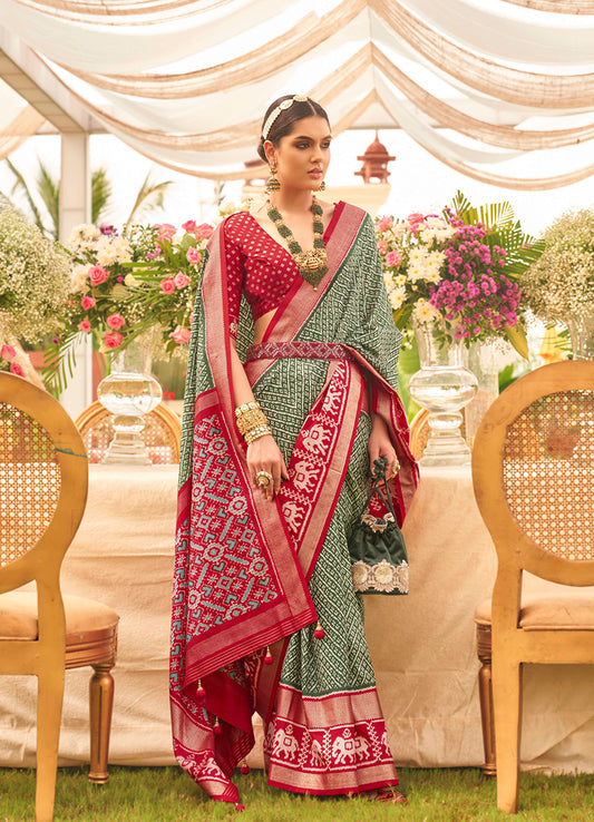 Green Silk patola Print Work saree