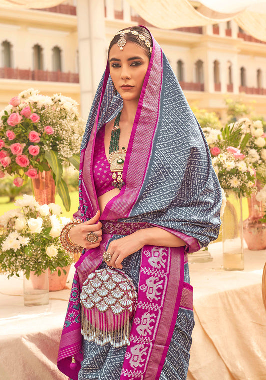 Grey Silk patola Print Work saree