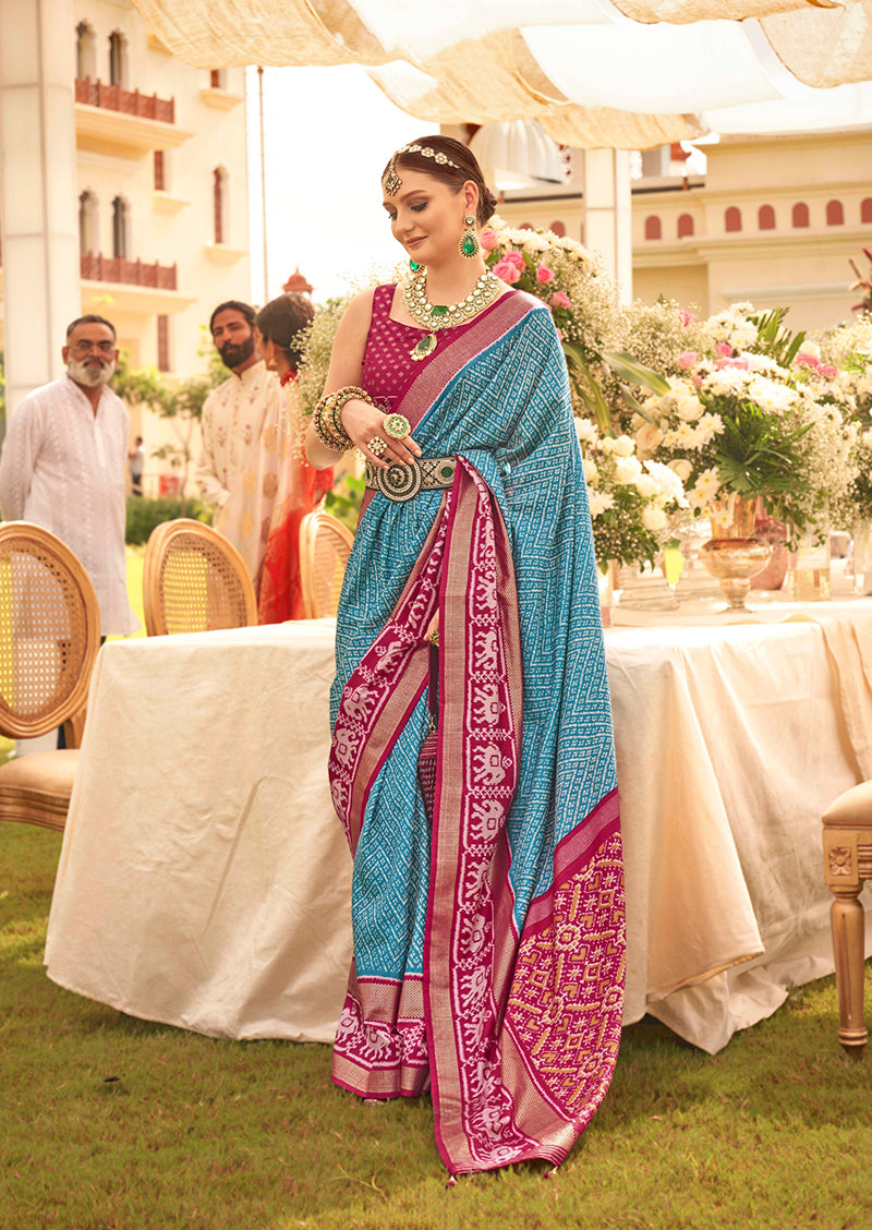 Blue Silk patola Print Work saree