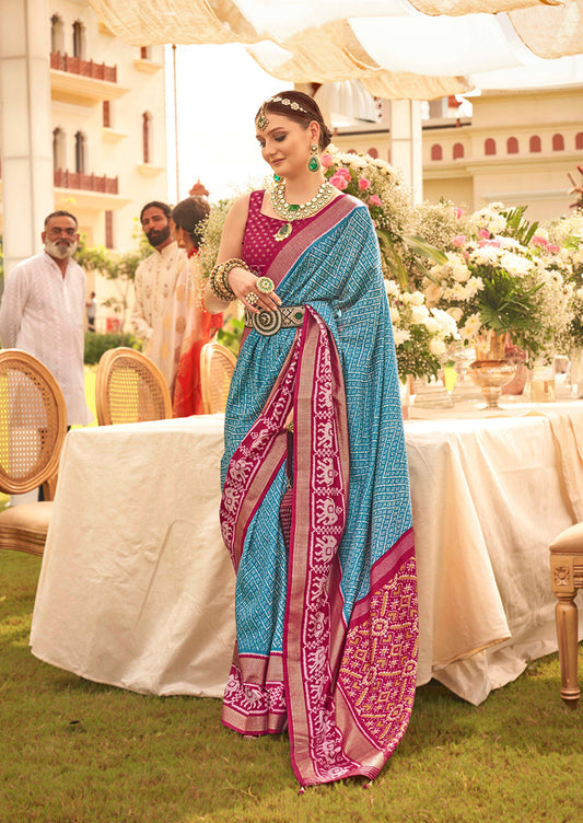 Blue Silk patola Print Work saree