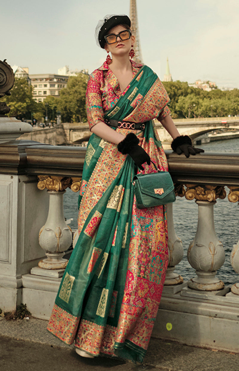 Dark Green Woven Kashmiri Silk Zari Saree for Festival