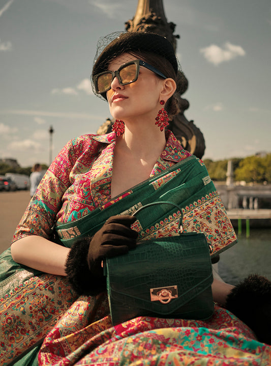Dark Green Woven Kashmiri Silk Zari Saree for Festival