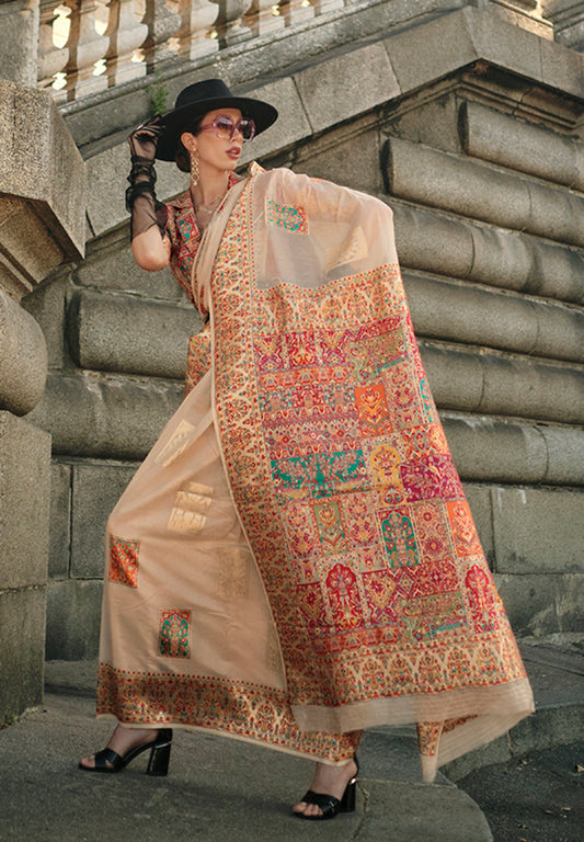 Beige Woven Kashmiri Silk Zari Saree for Festival