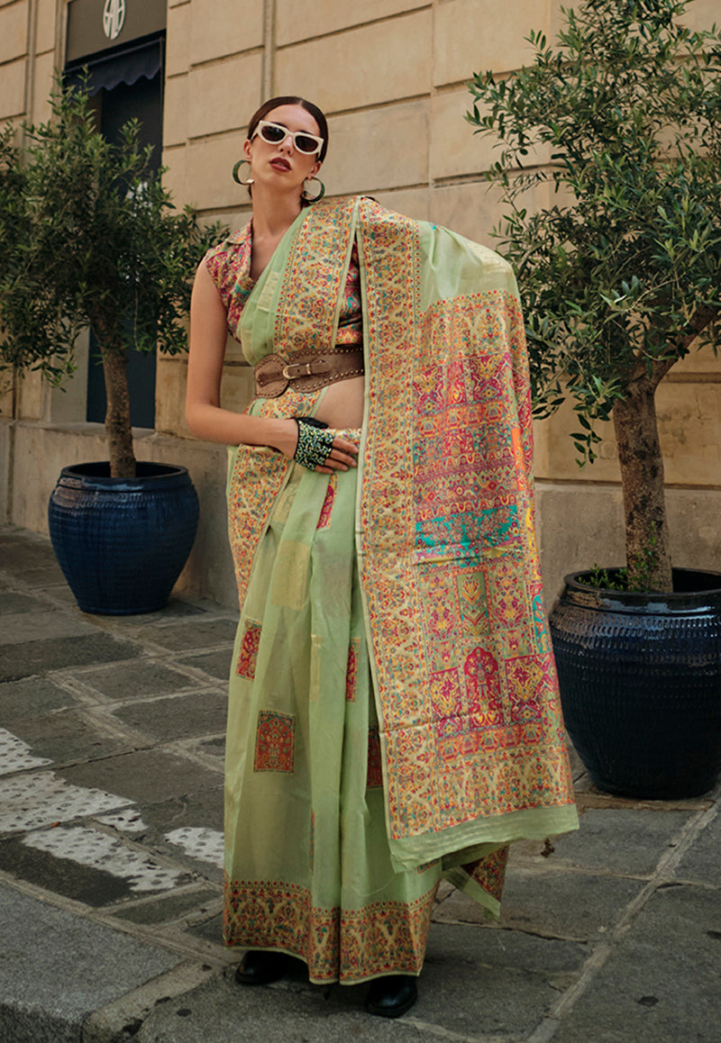 Light Green Woven Kashmiri Silk Zari Saree for Festival