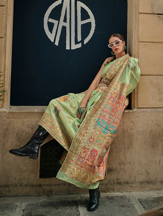 Light Green Woven Kashmiri Silk Zari Saree for Festival