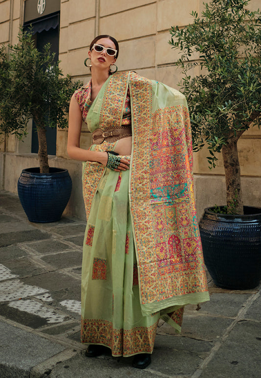 Light Green Woven Kashmiri Silk Zari Saree for Festival