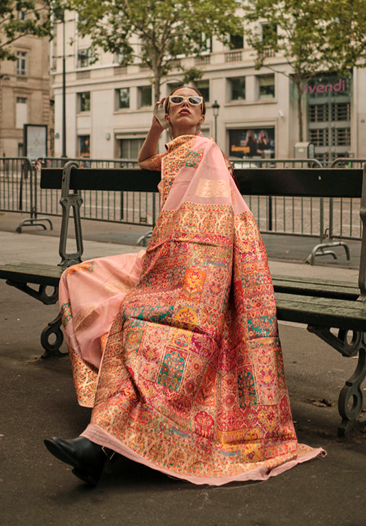 Peach Woven Kashmiri Silk Zari Saree for Festival