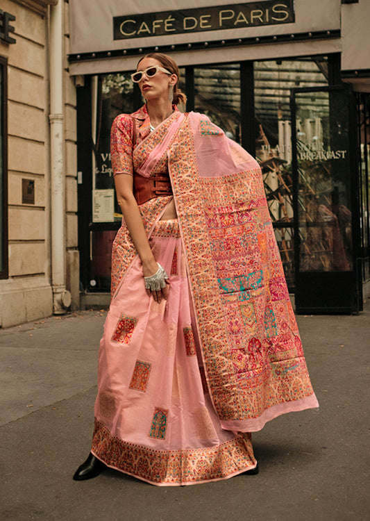 Peach Woven Kashmiri Silk Zari Saree for Festival
