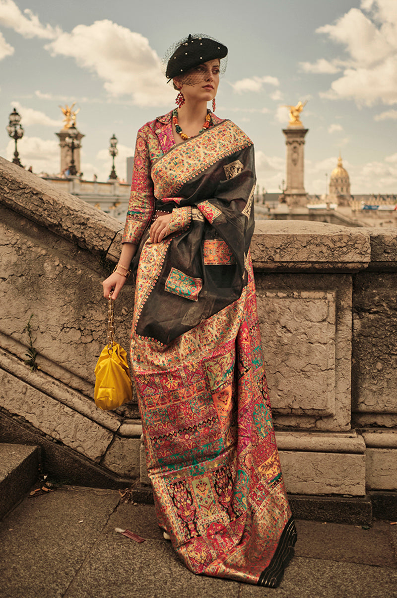 Black Woven Kashmiri Silk Zari Saree for Festival