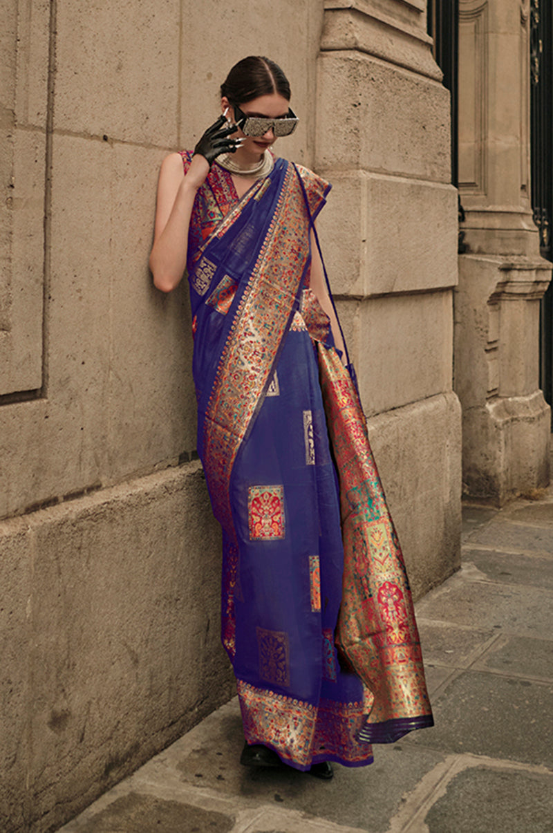 Slate Blue Woven Kashmiri Silk Zari Saree for Festival