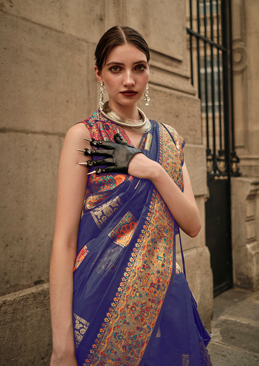 Slate Blue Woven Kashmiri Silk Zari Saree for Festival